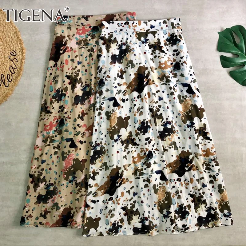 

TIGENA Women Midi Long Skirt 2021 Summer Fashion Unique Print Aesthetic A Line High Waist Mid-length Chiffon Skirt Female Ladies