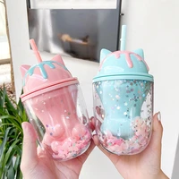 double layers cats paw plastic water bottle with straw korean style creative gift mug for milk coffee tea cup