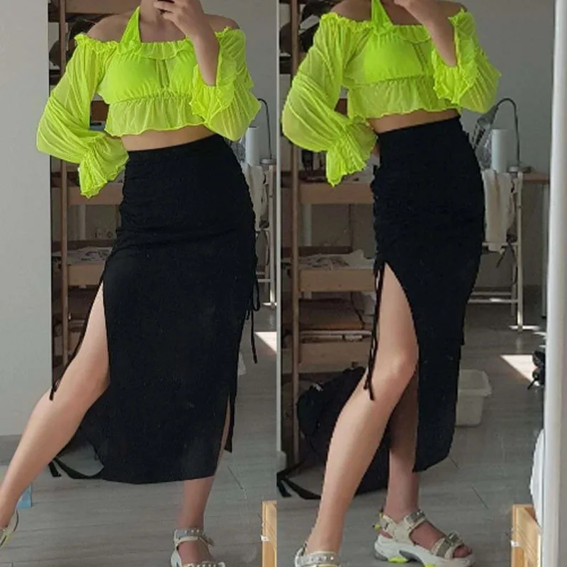 

Women Casual Sexy Drawstring Split Skirt Fashion Solid Color High Elastic Waist Bodycon Slim Long Hip Skirts Female