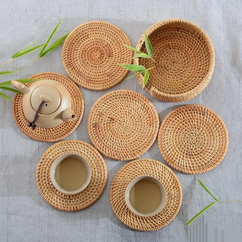 Rattan Storage Tray Heat Insulation Handmade Rattan Plate Coaster Placemat Mat Kitchen Cup Accessory Table Decoration
