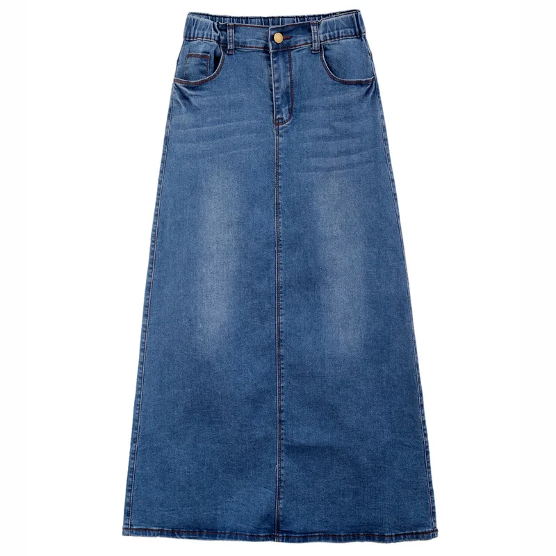 

2021 New Korean Style High Waist Elastic Slimming Mid-length Denim Long Skirts Elastic Waist Hip A-Line skirts Women Skirt Solid