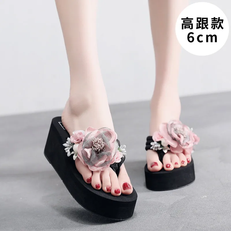 Black and Pink Женские летние шлепанцы на высоком каблуке 6 см; женские шлепанцы ручной работы; Летние вьетнамки; женские пляжные сандалии в богемном стиле; домашние тапочки - Цвет: Black and Pink