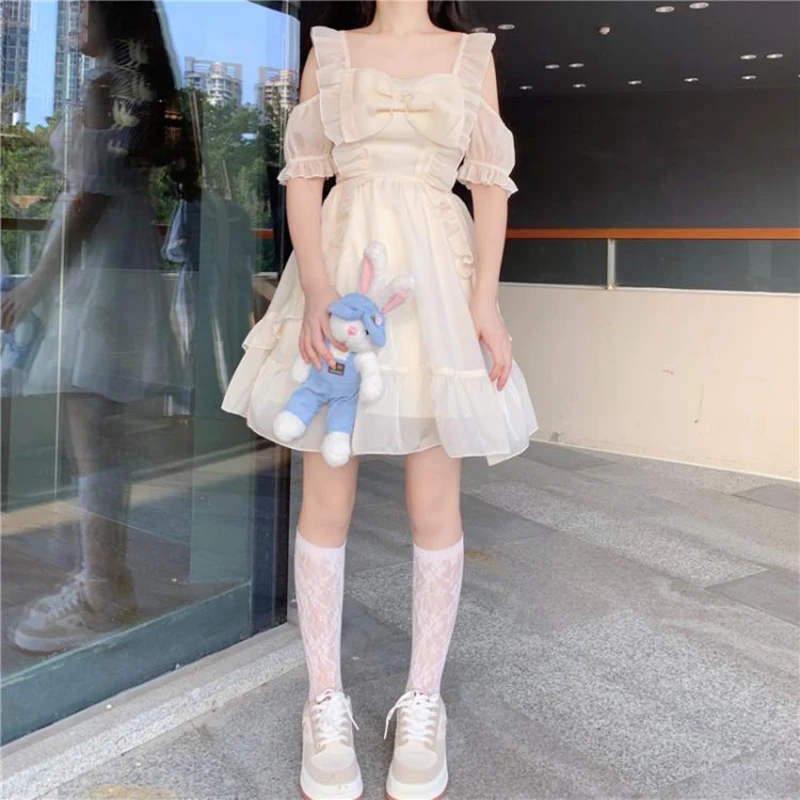 

New Japanese Summer Women Mini Party Dress Off Shoulder Bow Backless Cute Dress Adorable Kawaii Girl's Lolita Ruffles Dress