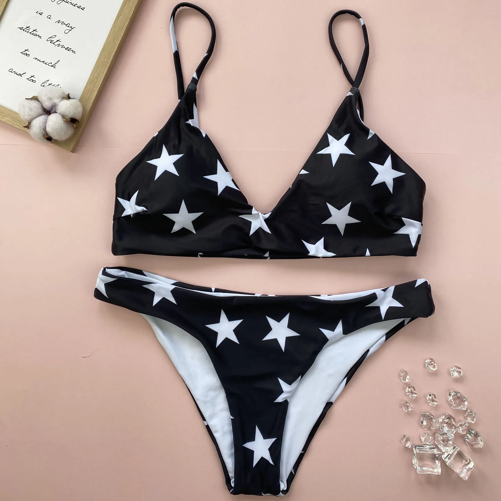 

64# Ladies Sexy Monokini Black Star Print Strappy Split Swimsuit 2021 Summer Beach Fashion Backless Women Bathing Suits Biquini