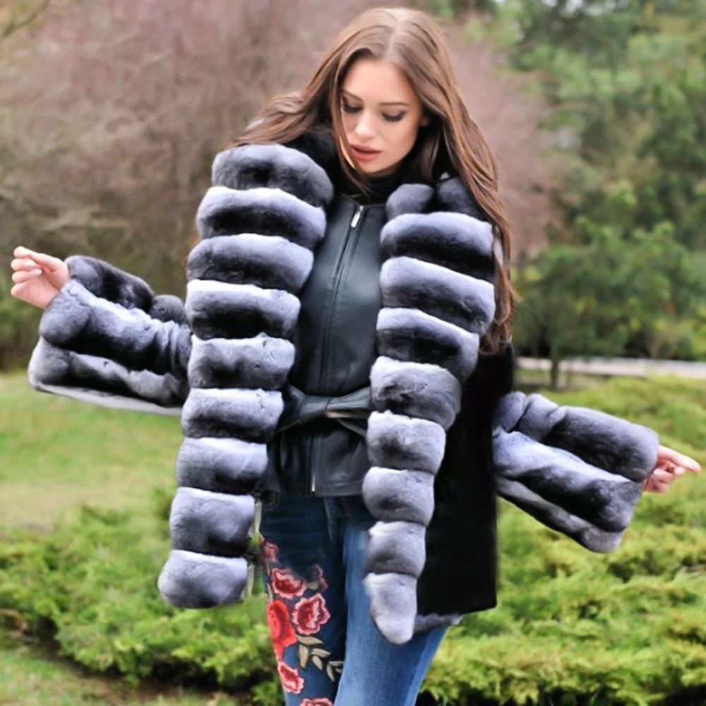 Natural Rex Rabbit Fur Jacket with Long Turn-down Collar Women Winter Fashion Whole Skin Genuine Rex Rabbit Fur Coat Mid-length enlarge