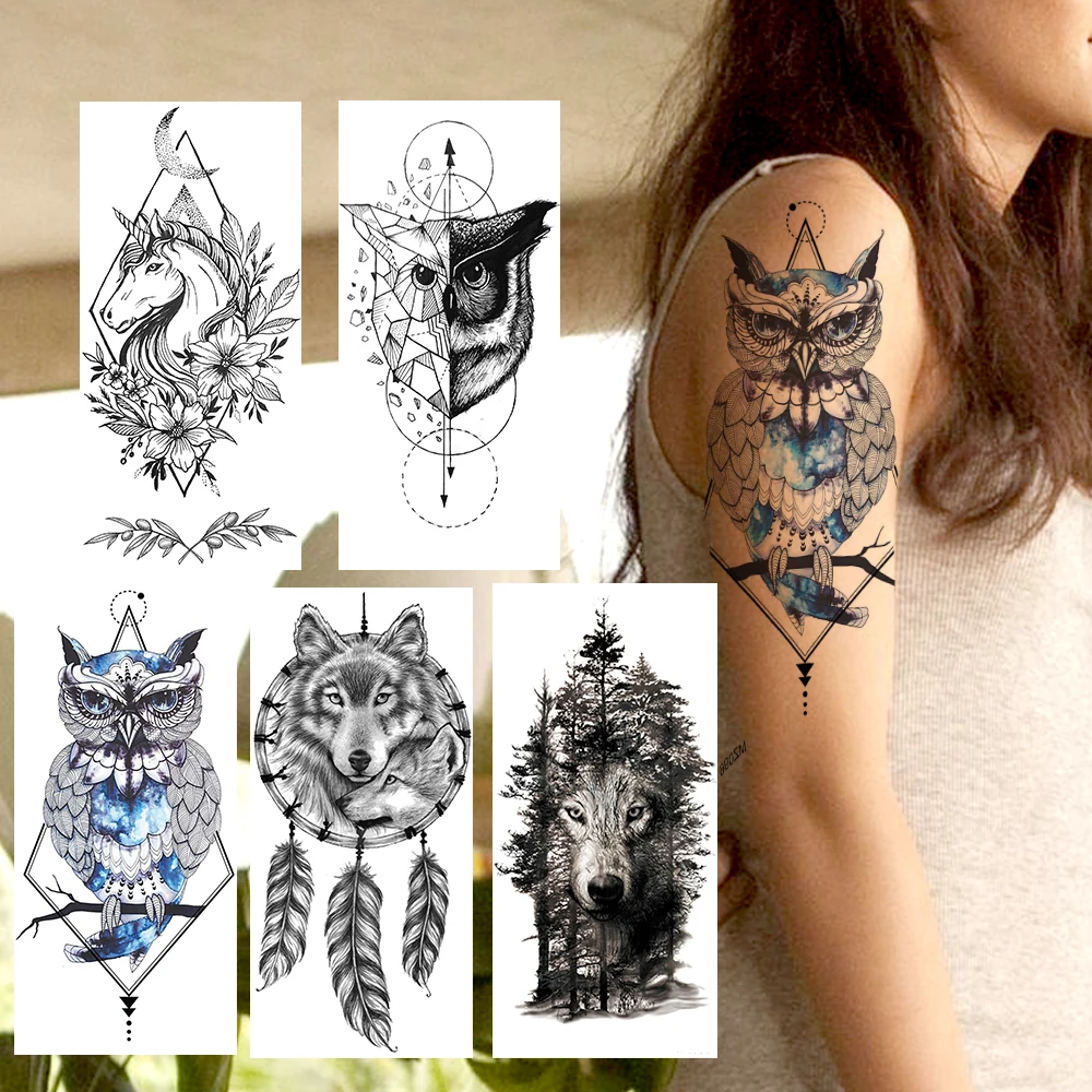 

Creative Owl Temporary Tattoo Sticker Geometric Wolf Unicorn Tatoo Fake Forest Dreamcatcher Tatoo For Women Men Party Decoration