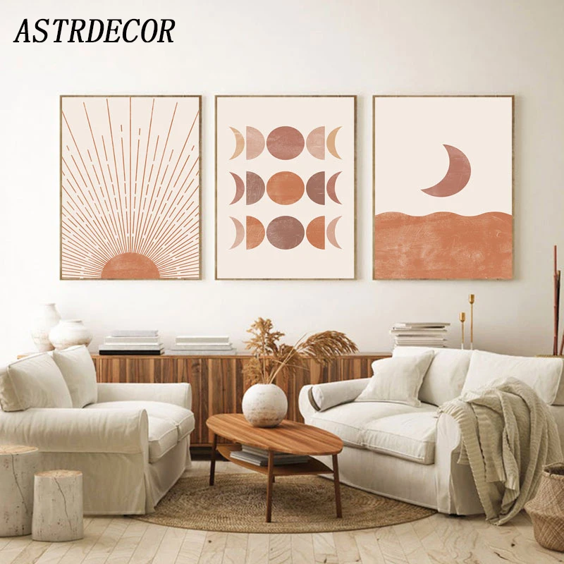 

ASTRDECOR Mid Century Art Print Moon Phase Canvas Poster Abstract Sun Painting Neutral Posters Geometric Picture Boho Wall Decor