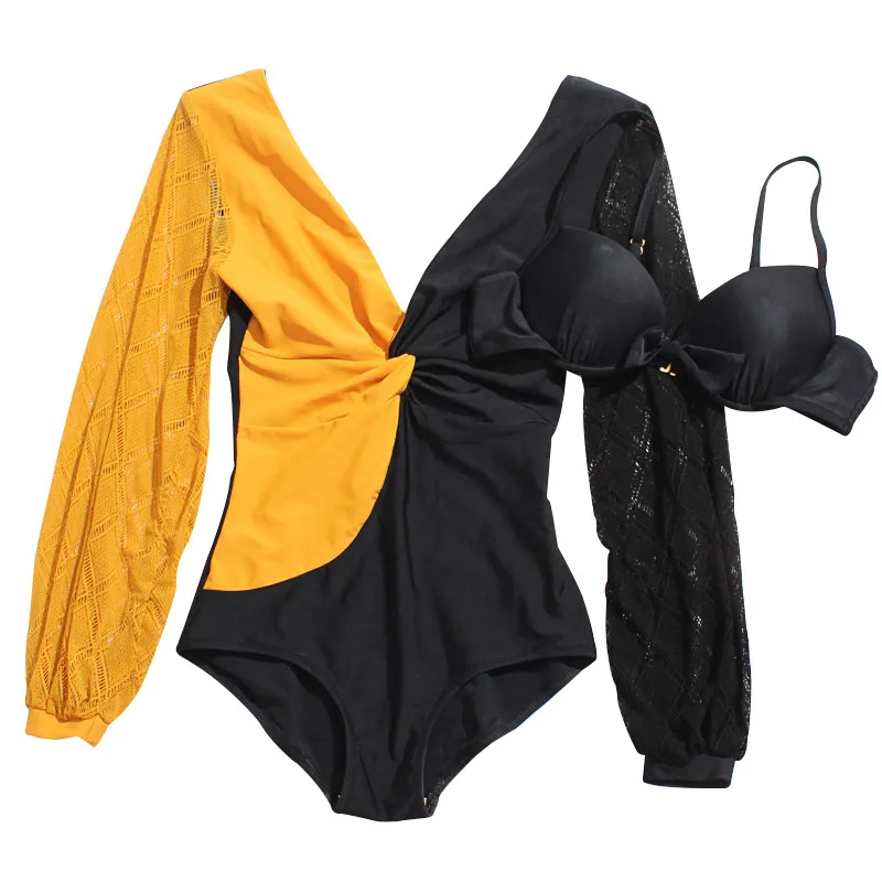 

2020 New Arrival Colorblock Cross Long Sleeve Bikini Monokini Swimsuit One Piece Women's Swimsuits Woman Swim Suits Push Up