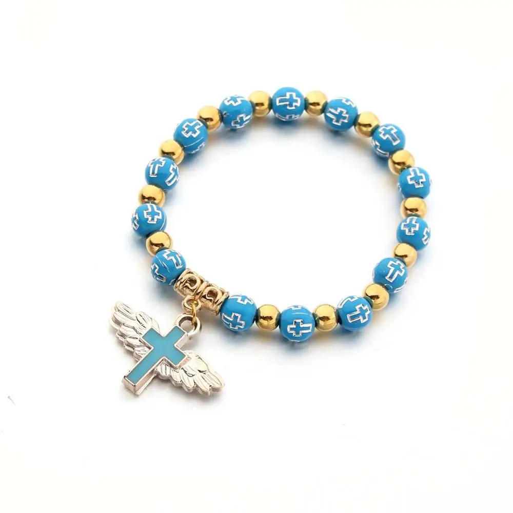 12 штук Браслет с крестом и ангельским крылом в качестве приятного сюрприза на крещение для мальчика и девочки. Handmade акриловые бусины на нем.