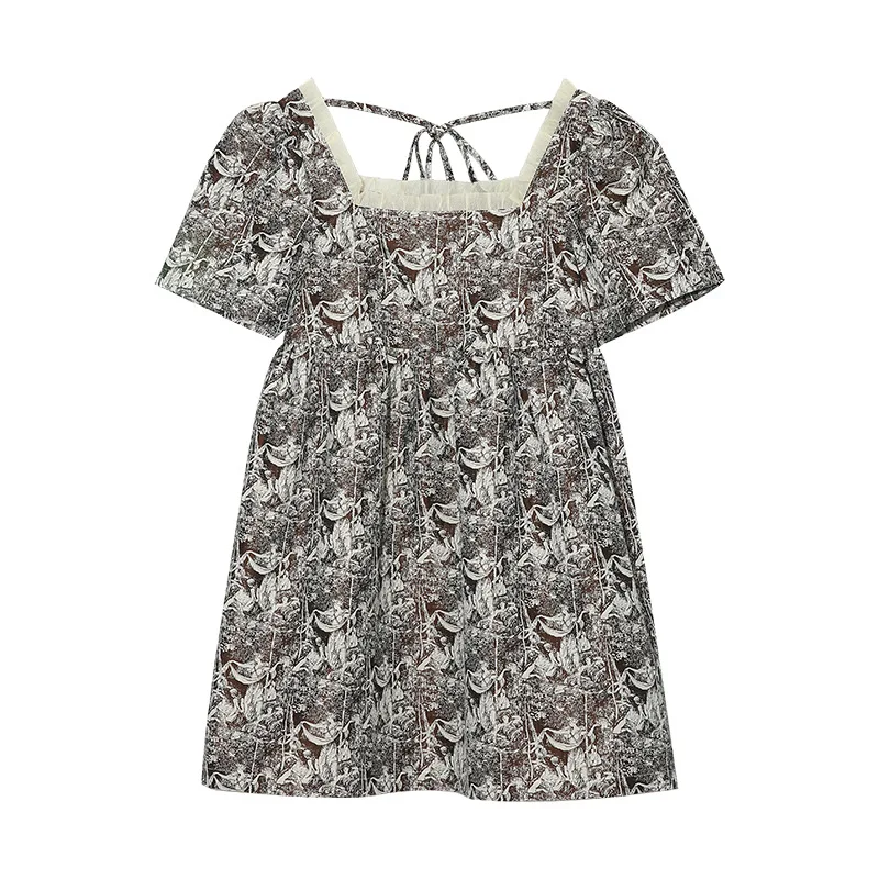 

Fungus Square Collar Puff Short Sleeve Mini Dresses for Woman Vintage High Waist Print Loose Dress 2021 Elegant Moda Ropa Mujer