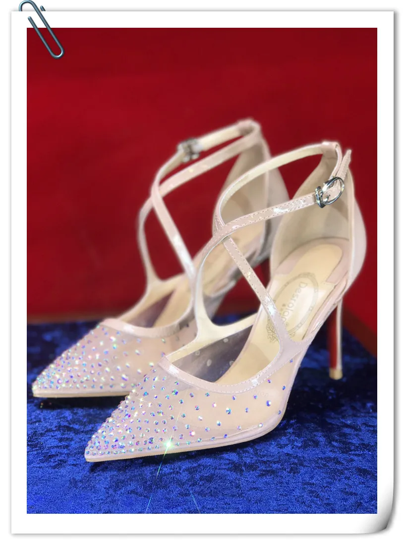 

New High Heel Mesh Diamond Sequin Pointed Shoes Women's Hollow Crystal Wedding Shoes Pointed Sandals