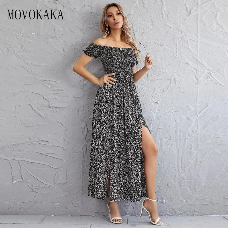 

MOVOKAKA Spring Summer Print Long Dress Women Sexy Strapless Elegant Fashion Slash Neck Dresses Woman Party Casual Beach Dresses