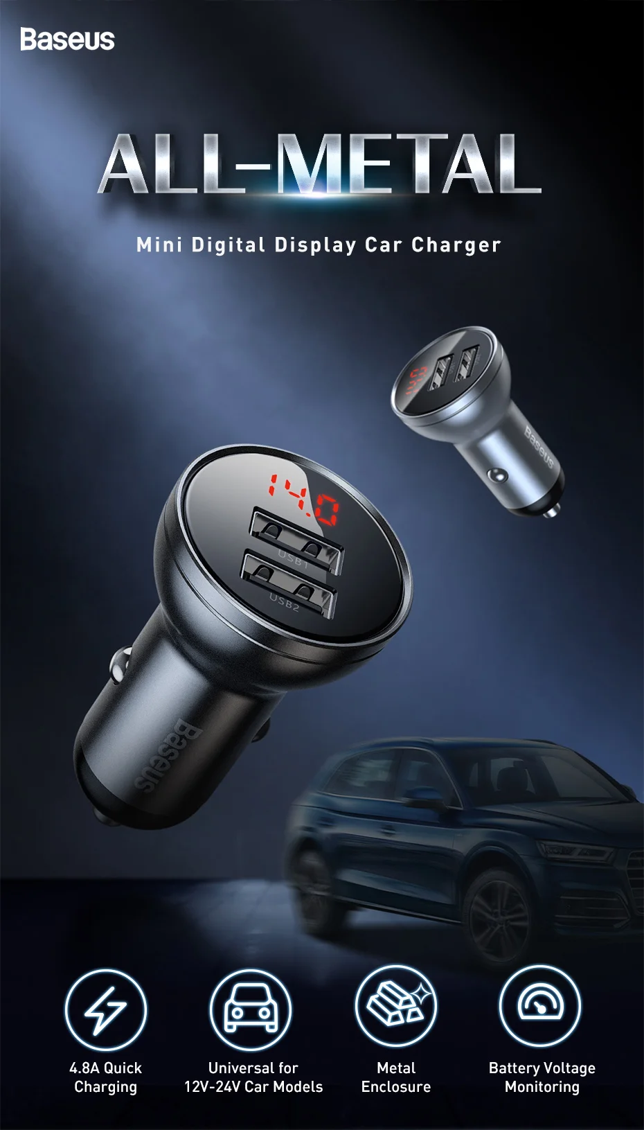 Baseus Мини Автомобильное зарядное устройство Dual USB 4.8A быстрая автоматическая зарядка адаптер для iPhone11 X металлическое зарядное устройство для samsung маленькое автомобильное зарядное устройство для телефона