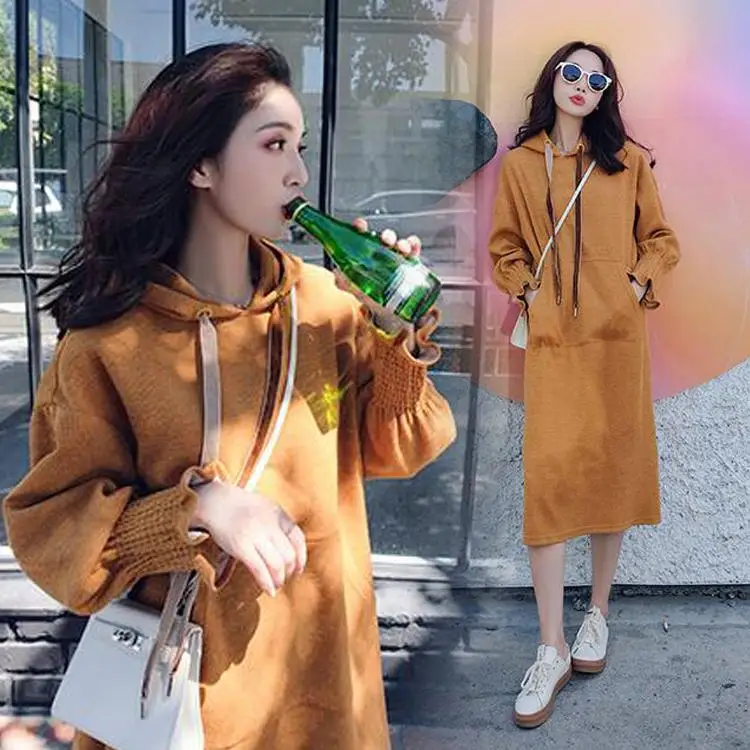 Длинный рукав фонаря длиной до колена свободный для беременных флис платье