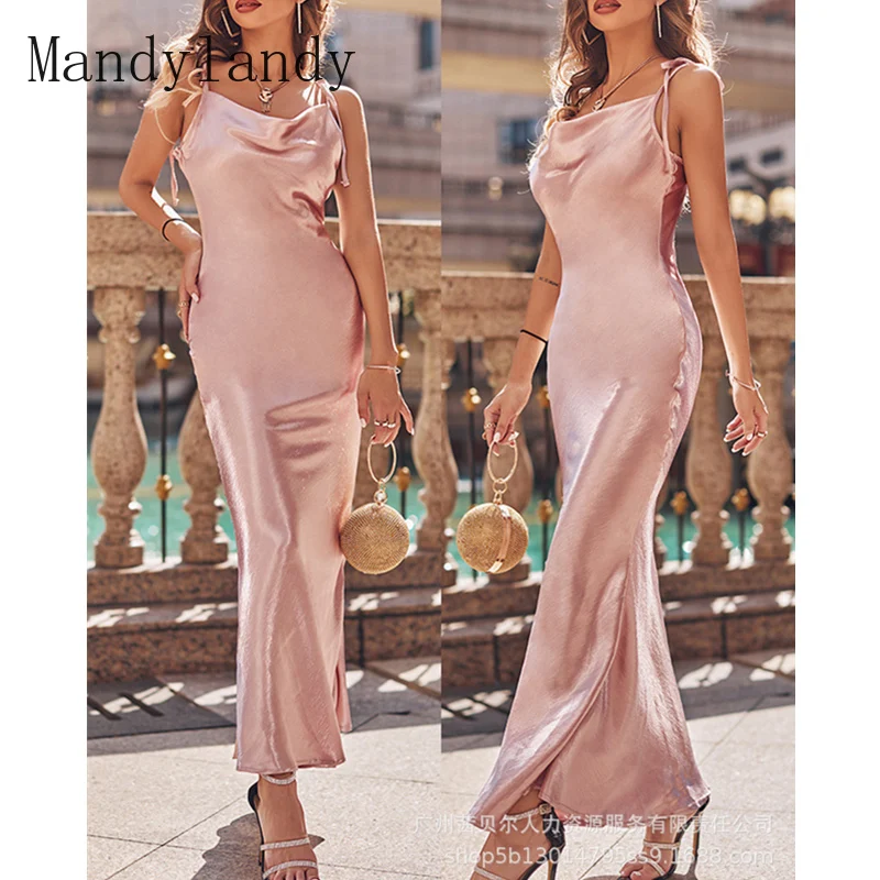 

Mandylandy Women's Sexy Satin Party Evening Dress Lady Elegant Fashion Sleeveless Halter V Neck High Waist Mermaid Long Dress
