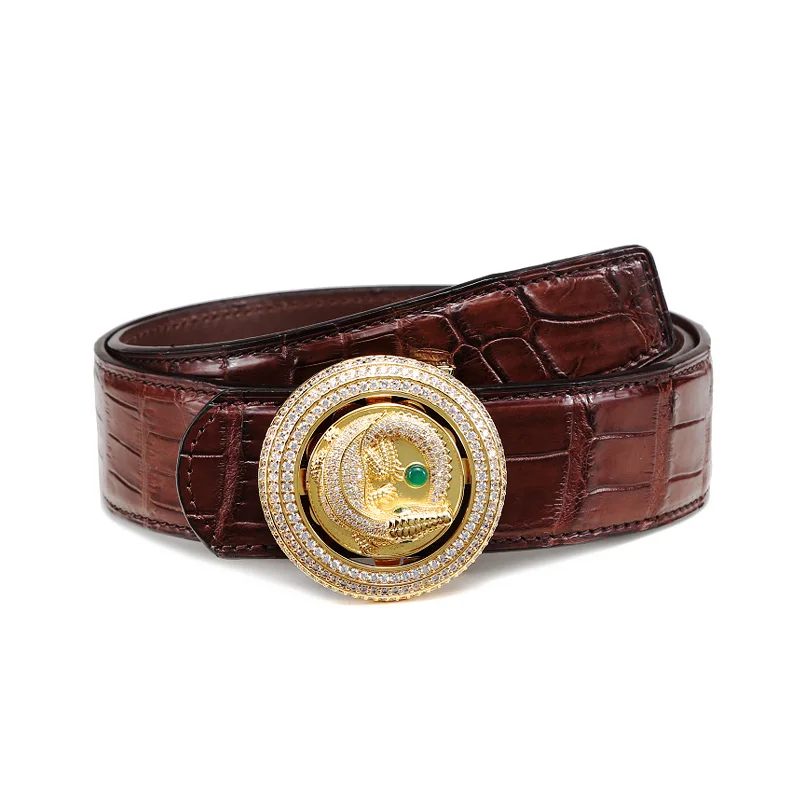 croco buckle brown McParko роскошный мужской ремень из натуральной кожи крокодила, поясной ремень с пряжкой в виде животных, стразы, круглый ремень для счастливых мужчин коричневого цвета - Цвет: croco buckle brown