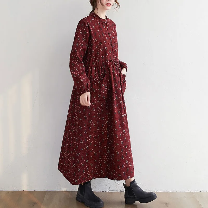 

Women Cotton Linen Casual Dresses New Arrival 2020 Autumn Winter Vintage Floral Print Stand Collar Loose Female Long Dress S2476