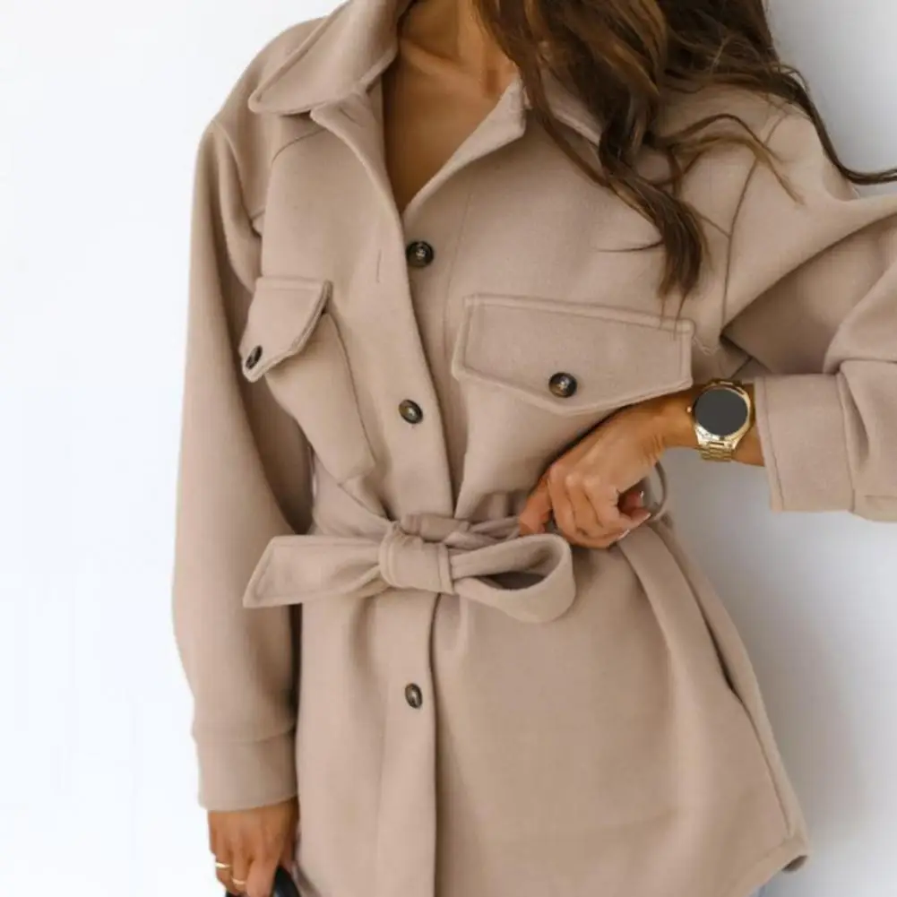 

Woolen Coat Solid Color Classic Loose Fit Turn-down Collar Women Coat