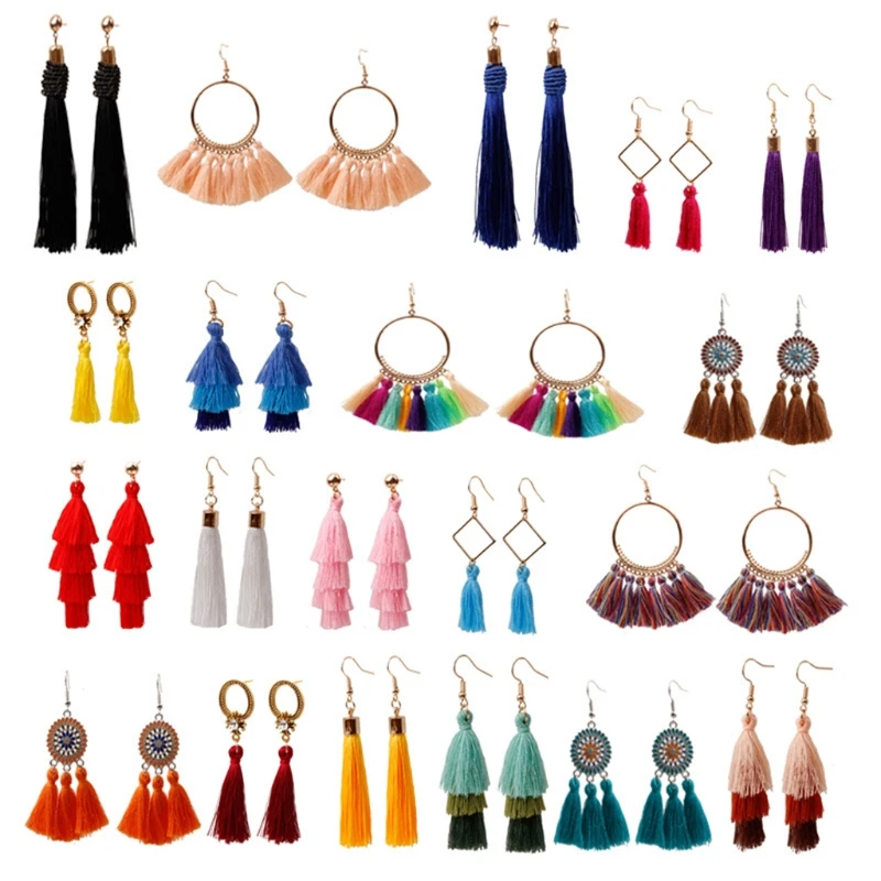 

Colorful Tassel Earrings for Women Long Layered Thread Ball Dangle Earrings Hoop Fringe Bohemian Tiered Tassel Earrings Gift Set