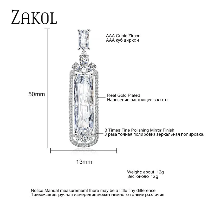 ZAKOL прозрачные длинные висячие серьги с большим багетом из кубического циркония для женщин, свадебные вечерние ювелирные изделия FSEP2326