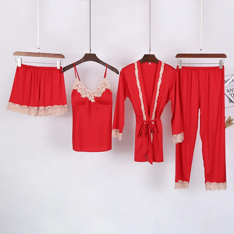 

Pajamas Female Imitation Silk Sexy Sling Nightdress Four-piece Suit With Chest Pad Can Wear Thin Nightgown Home Wear