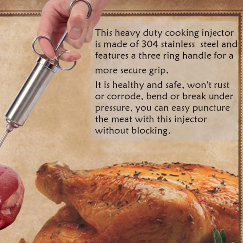 New 2 Oz Meat Injector Syringe Poultry Marinade Flavour Seasoning Injectors BBQ Kit Kitchen Tools With 3 Needles |