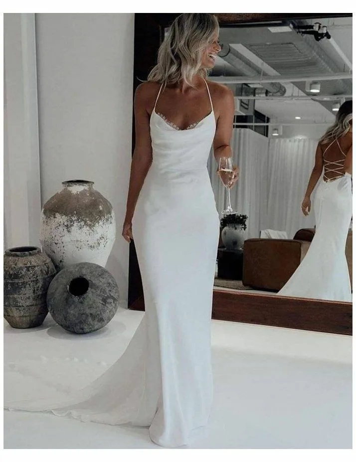 

Женское кружевное свадебное платье с юбкой годе, длинное Привлекательное платье с воротником-хомутом, на тонких бретельках, с перекрестной спиной и шлейфом, свадебное платье для женщин