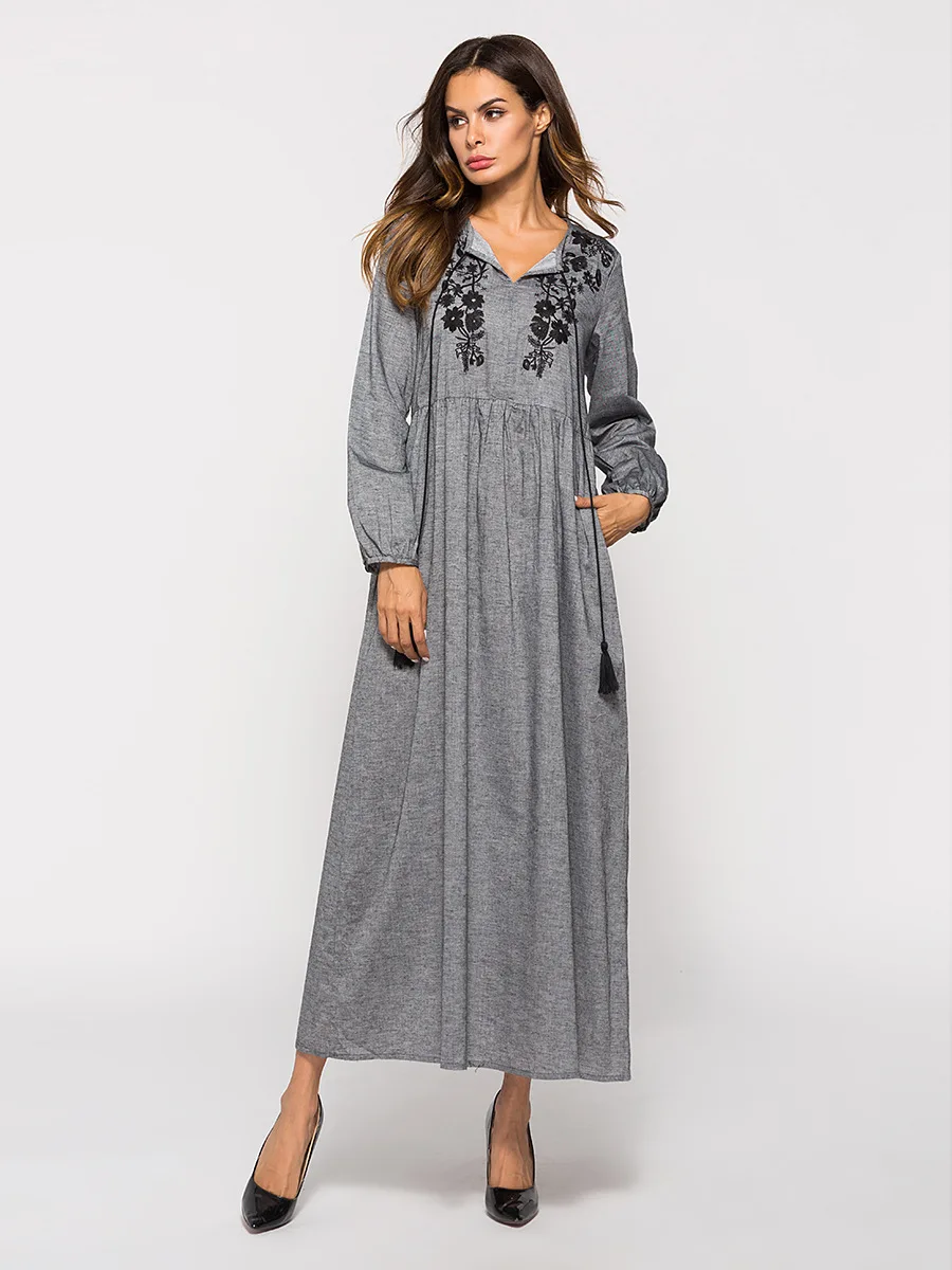 

Elegant Solid Long Dress 2020 New Autumn Full Sleeve Maxi Dresses Fall 2020 Embroidery Women Tassels Plus Size Robe Clothing