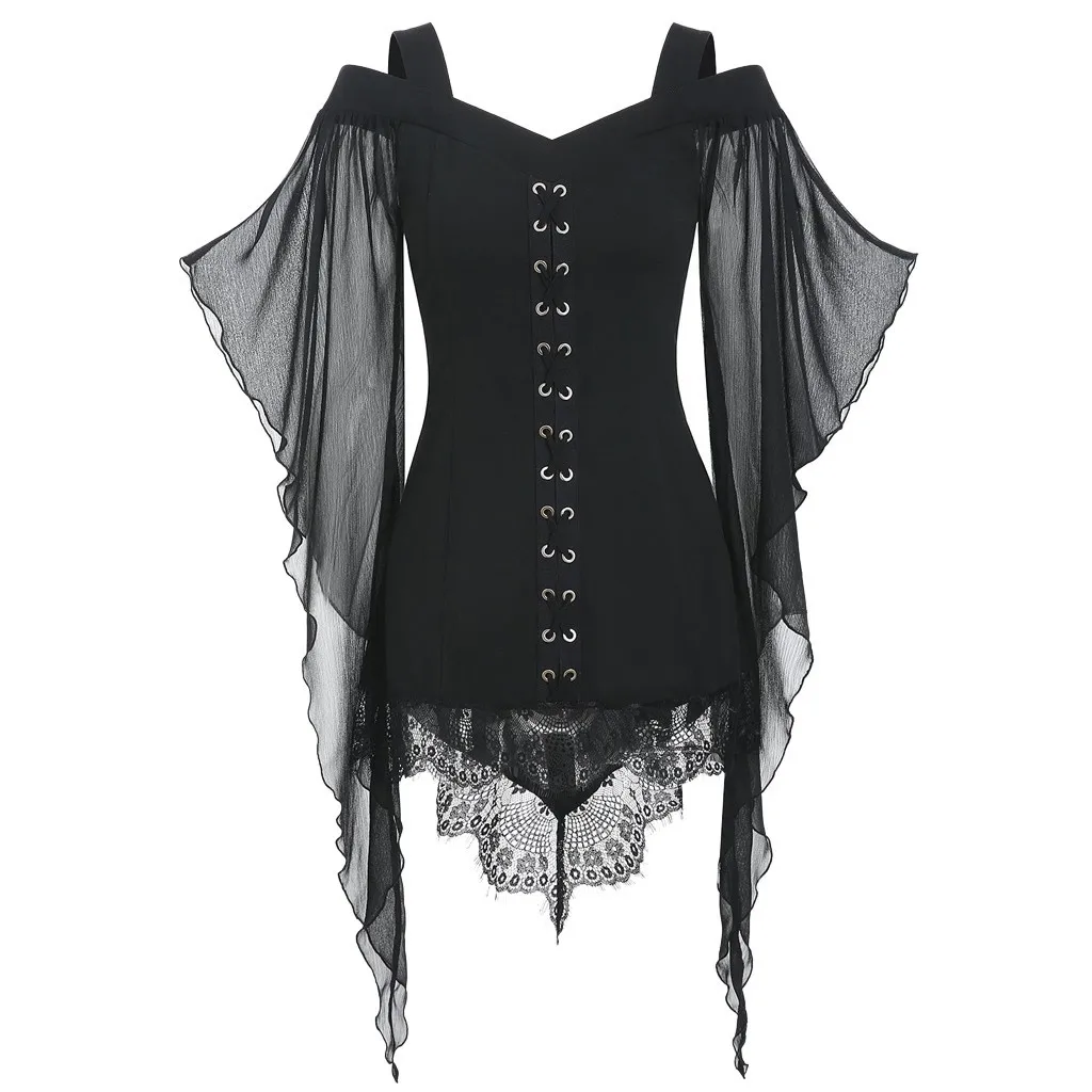 

Women Lady Gothic Style V Neck Off Shoulder Flare Sleeve Lace Shirt Witch Vampire Vintage Cosplay Costume 208