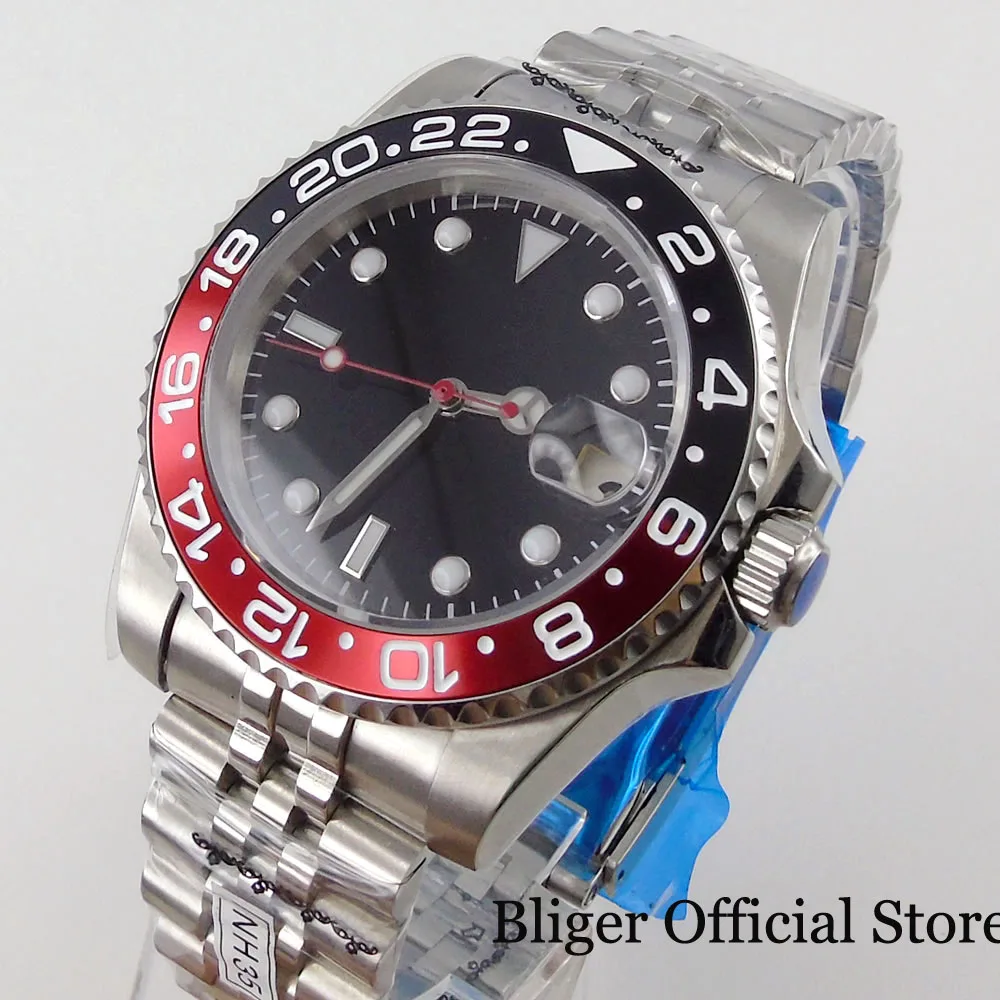 

BLIGER Japan NH35A MIYOTA 8215 PT5000 40 мм Мужские часы с автоподзаводом красные секундные черные красные вставки юбилейный браслет стеклянная задняя сторо...
