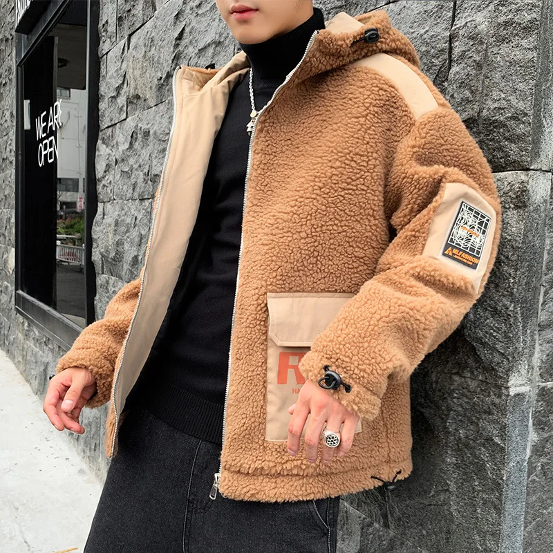 New Winter Men's Fur Fleece New Fashion Coat Overcoat Male Lapel Warm Fluff Gray Zipper Hooded Jacket Outerwear Plus Size