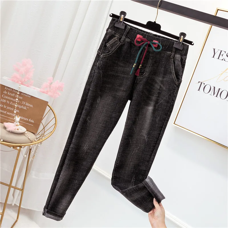 Женские джинсы с завышенной талией черные свободные эластичные брюки со