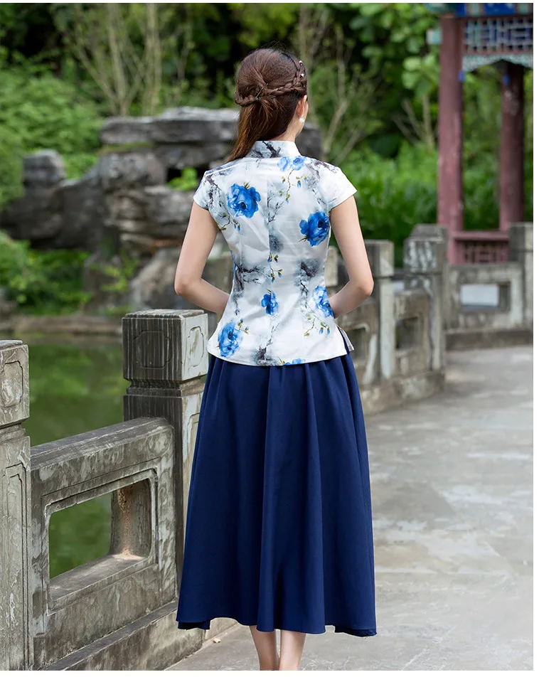 SHENG COCO китайская блузка для женщин цветочный принт Топы Ципао зеленый синий Cheongsam