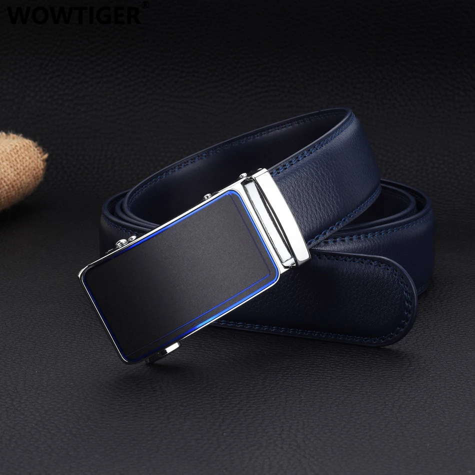 

WOWTIGER Blue Color 3.5cm Width Cow Leather Strap Men`s Belt Automatic Buckle Adjustable High Quality Luxury Brand Belts for Men