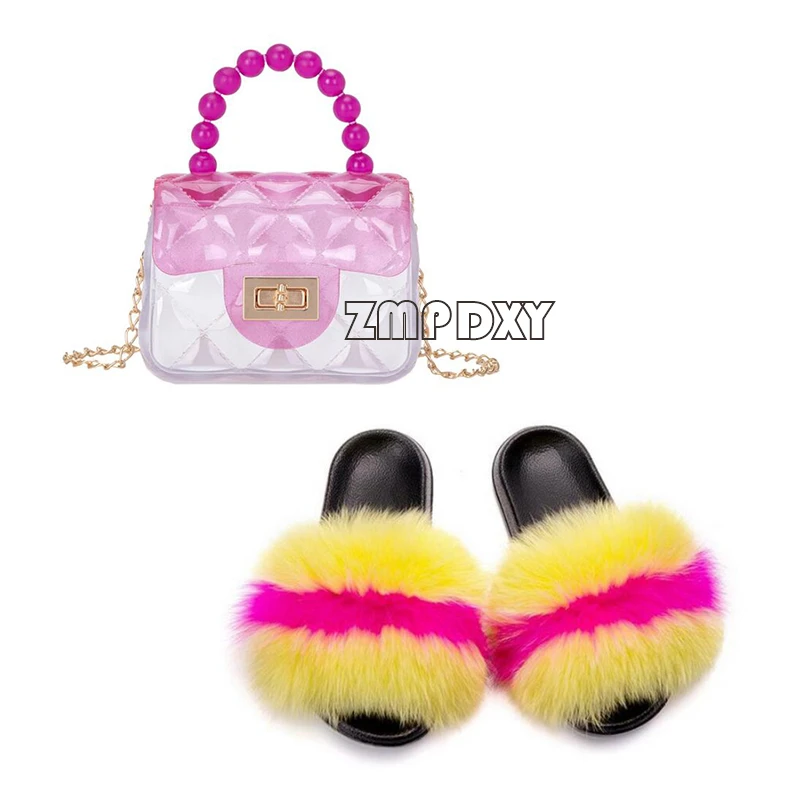 

Ladies Fox Fur Slippers Summer Mini Jelly Bag Fashion Shoulder Bag Cute Girl Lipstick Bag Furry Garden Shoes Leisure Shoes Bags