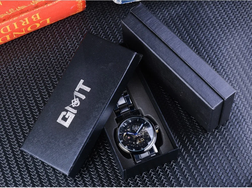 Победитель прозрачный стимпанк Montre Homme черный ретро повседневные мужские часы лучший бренд класса люкс полностью стальной Скелет механические часы