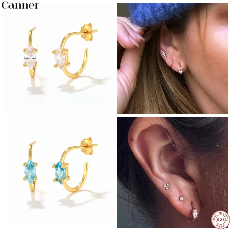 

CANNER 100% C-shaped Drop Zircon Earrings Retro Compact Stud Earrings for Women Solid 925 Sterling Silver Solitaire Fine Jewelry
