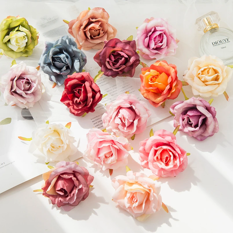 5PCS Artificial Roses Heads Wedding Decorative Flowers Wreaths Home Decor Fake Plants Christmas Cake Decorating Materials Cheap