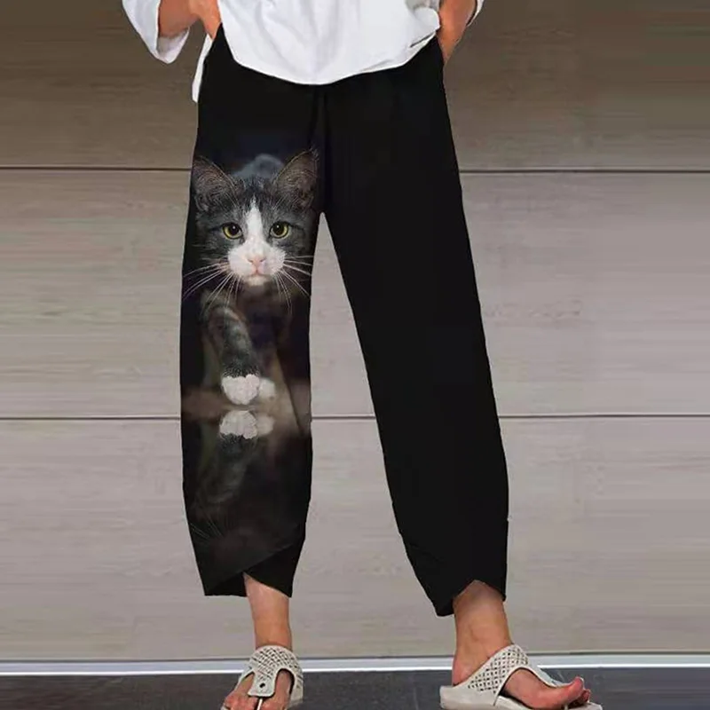 

2021 Лето Цифровая кошка печать фонарь карманного размера плюс для женщин повседневные штаны брюки с широкими штанинами