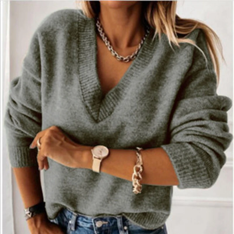 

Casual V Neck Loose Knitted Sweater Women Long Sleeve Streetwear Top Jumper 2021 Spring Autumn Loose Patchwork Pullovers