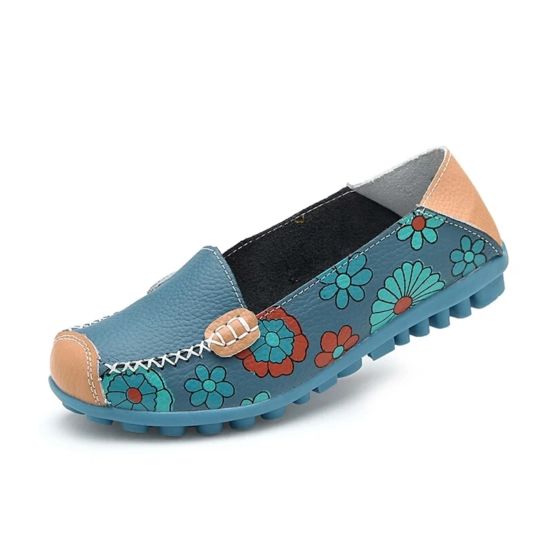 Women Flat Shoes Fashion Ballet Summer Flower Print Women Shoes Genuine Leather Loafers Ladies Shoes Woman Soft Footwear 42