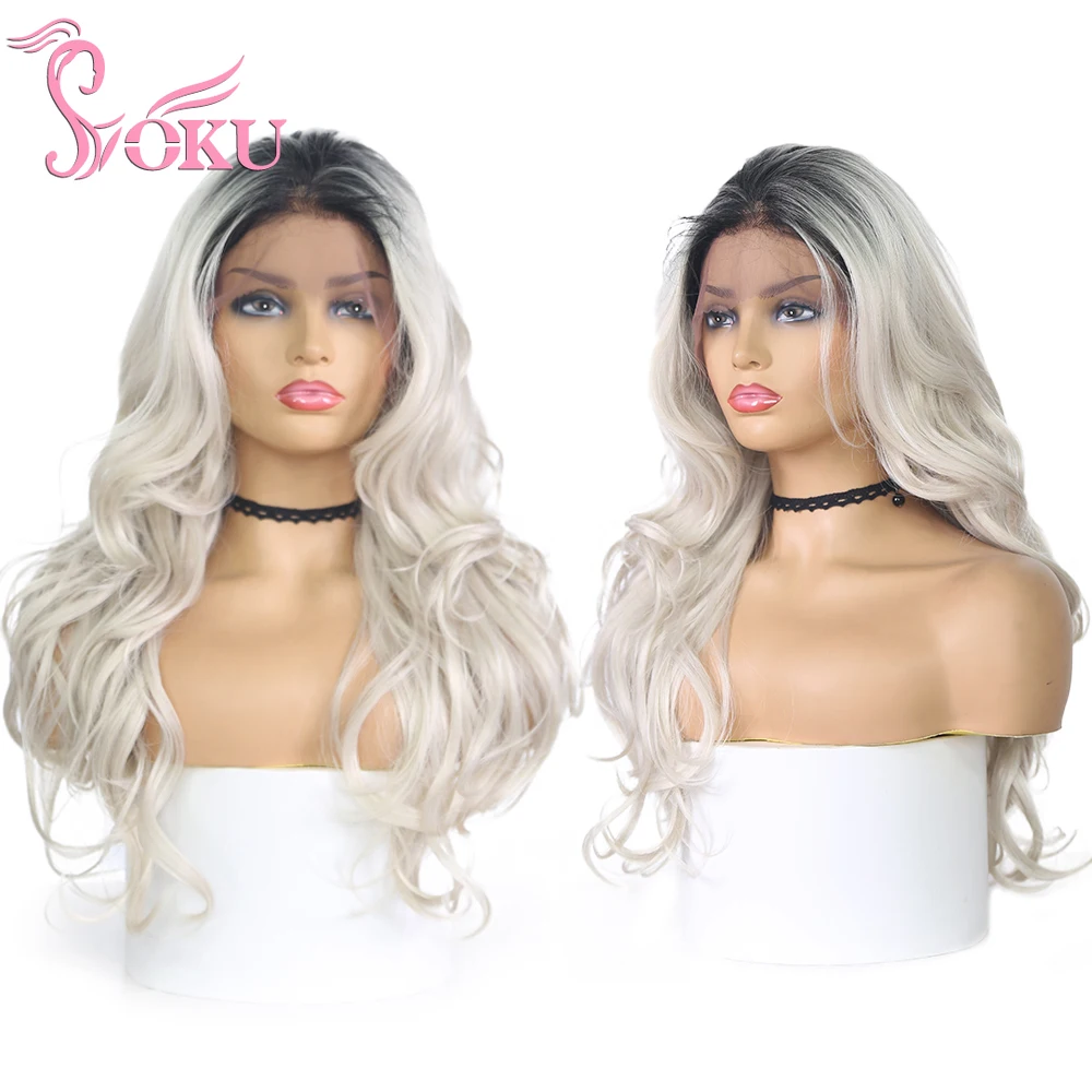 

13*4 Lace Frontal Wigs Ombre Black White Long Wavy Hair Heat Resistant Fiber 24 Inch Synthetic Lace Front Wig Cosplay Party Use