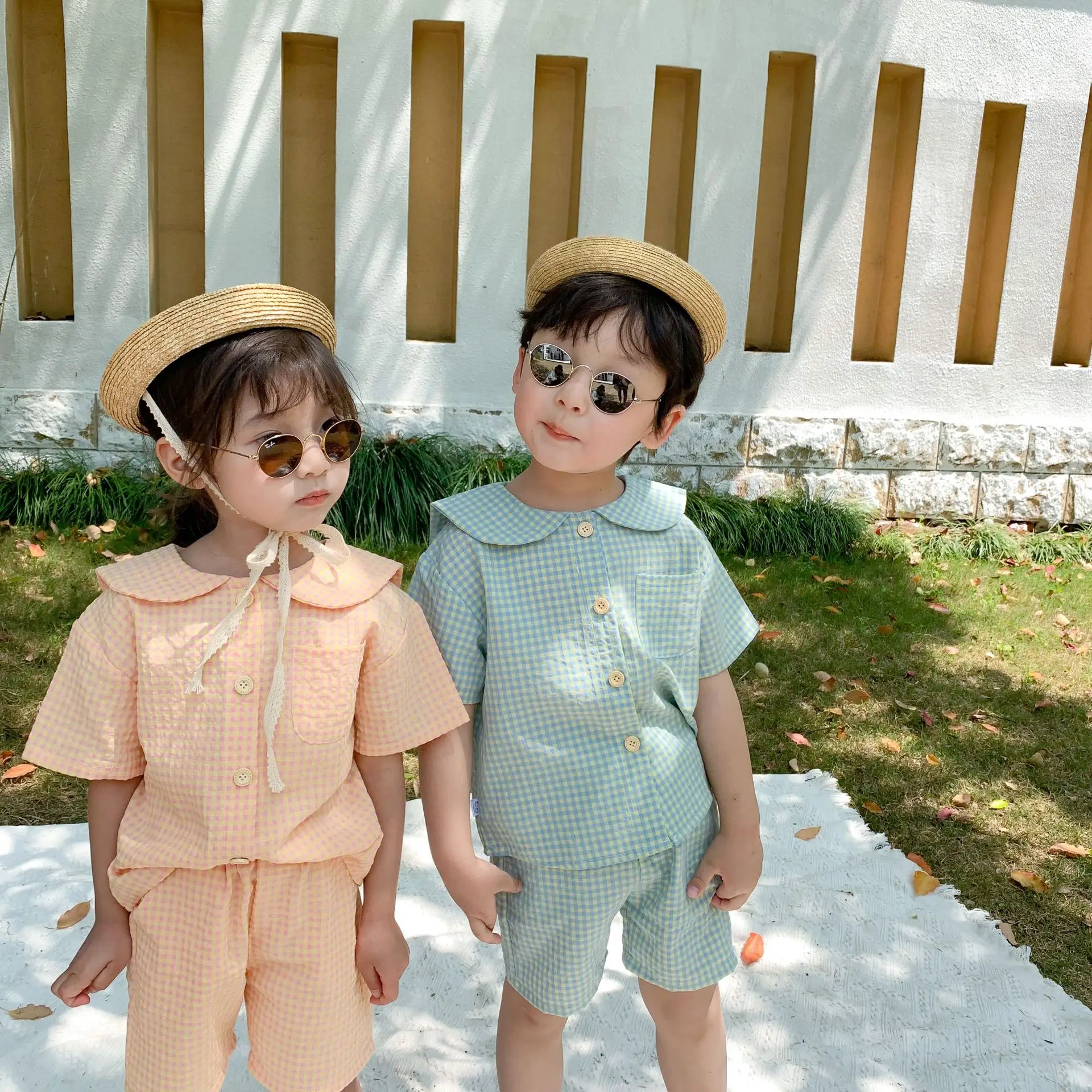 Летние милые комплекты одежды в клетку с матросским воротником для мальчиков и