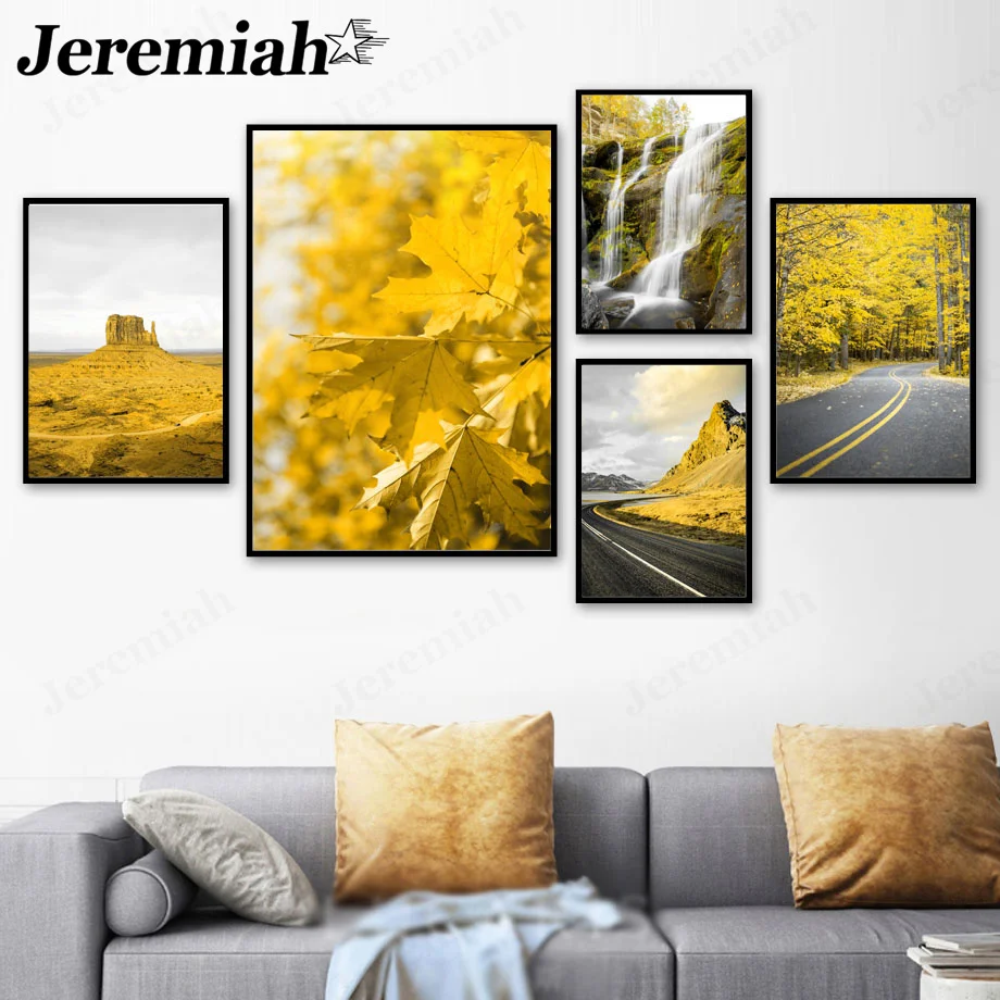 

Nordic Landscape Canvas Poster Forest Yellow Maple Waterfall Highway Painting Wall Art Modern Home Room Decoration Accessories