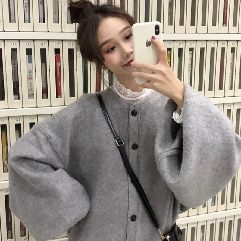Осенняя женская зимняя Свободная куртка теплая Корейская Harajuku кнопка Готическая