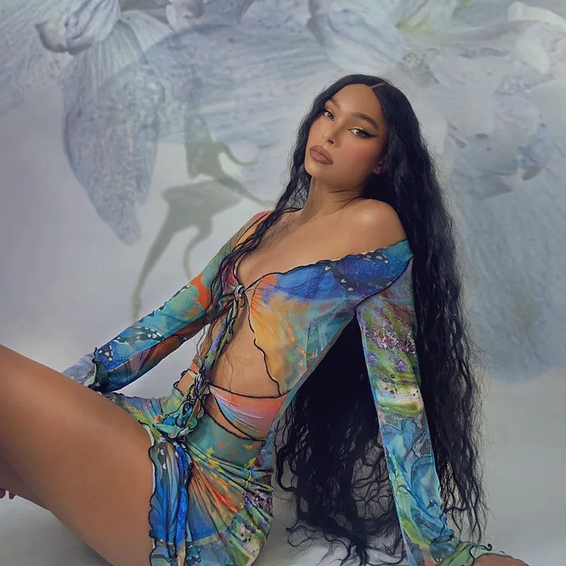 

Summer Mini Dress Fairy New Women Multi Color Print Perspective Midriff Long Sleeve Dress Dollskill Beach Wear Y2k Female Outfit