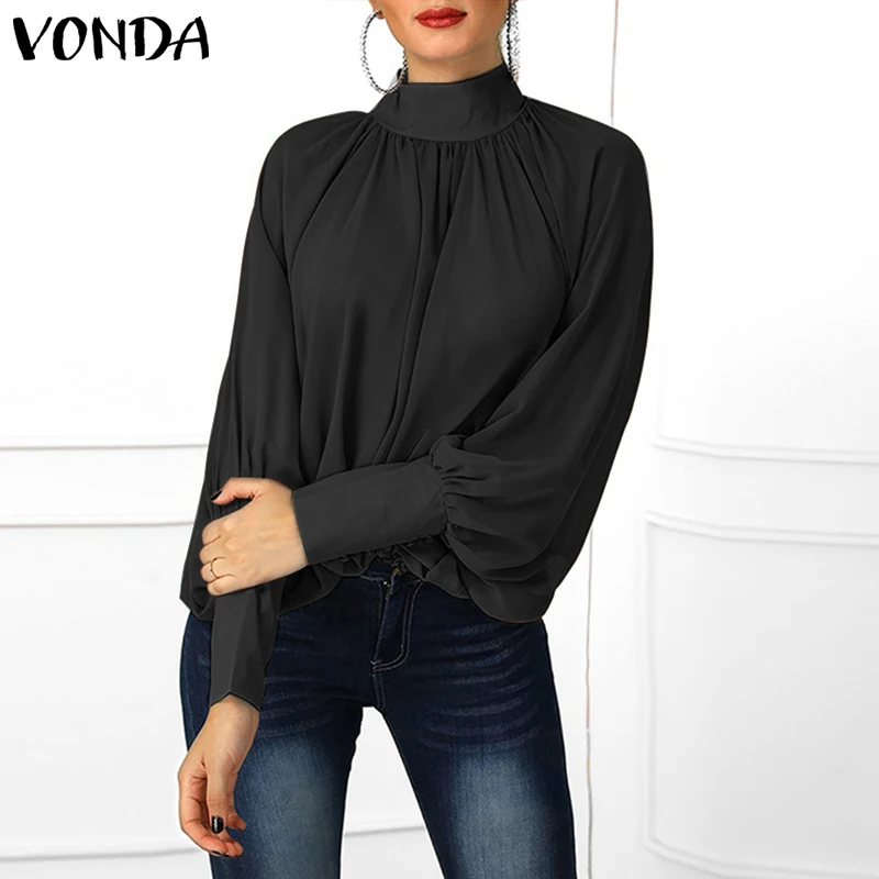 VONDA размера плюс, женская блузка,, Весенняя туника, сексуальная, с круглым вырезом, с длинным рукавом-фонариком, рубашки, повседневные, свободные, блузки, офисные, женские топы