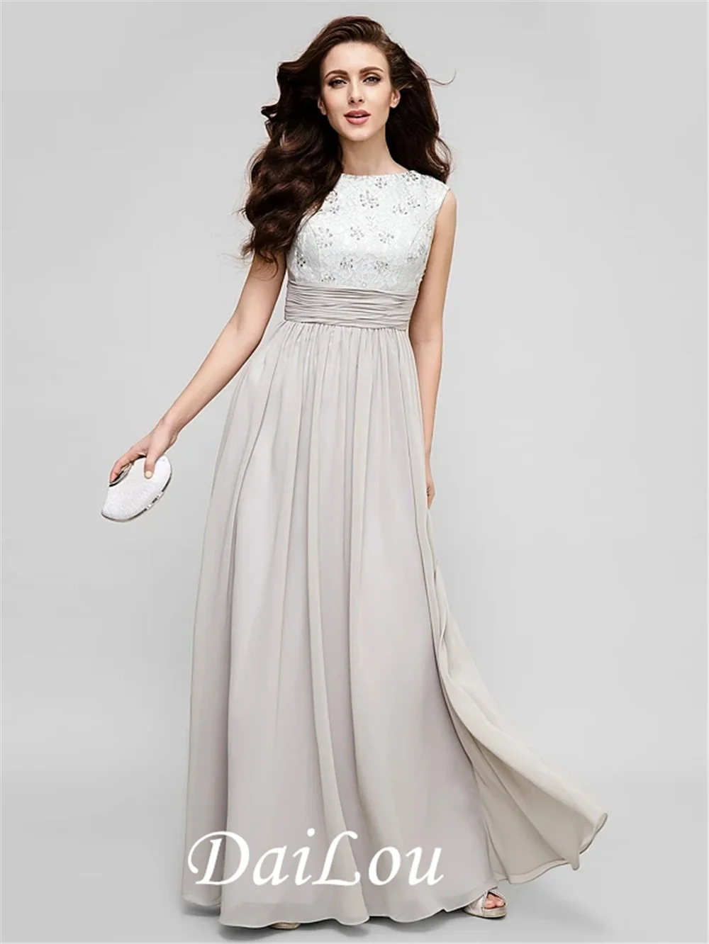 

Sheath /Column Elegant Prom Formal Evening Dress Jewel Neck Sleeveless Floor Length Chiffon Beaded Lace with Ruched Beading 2021
