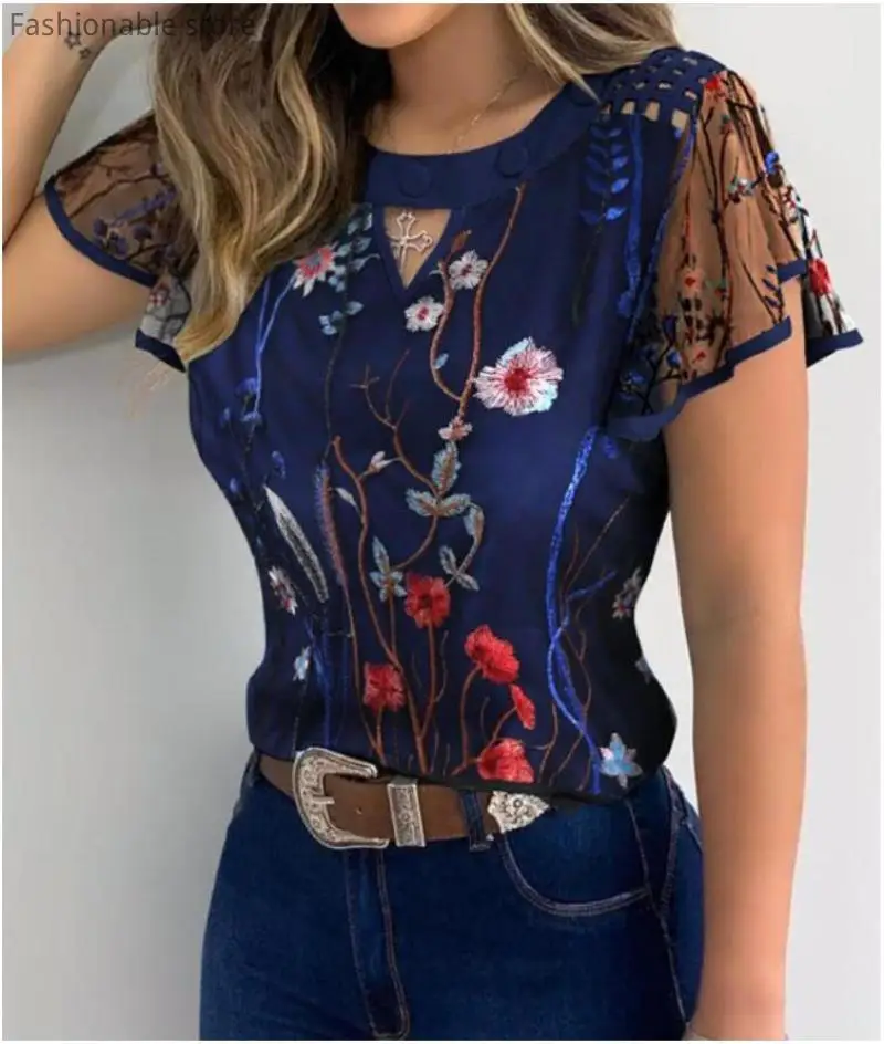 

Women Embroidery Mesh Patchwork Blouse Casual Sheer Mesh Short Sleeve Top