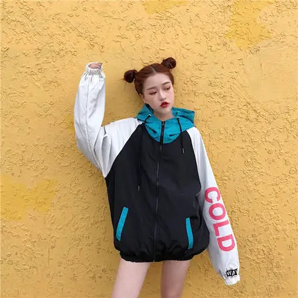 

Women Basic Jackets Female Zipper Pockets Casual Long Sleeves Coats Autumn Hooded Jacket Two Tone Windbreaker Jacket